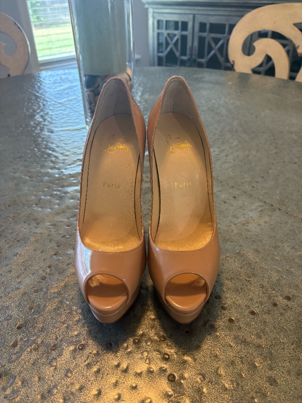 Christian Louboutin Nude Patent Leather Peep-Toe Platform Heels Size: 39